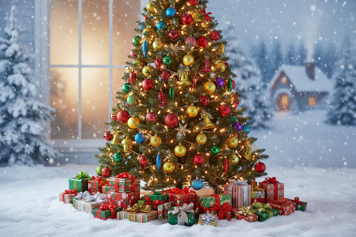 Christmass tree with snow and gifts